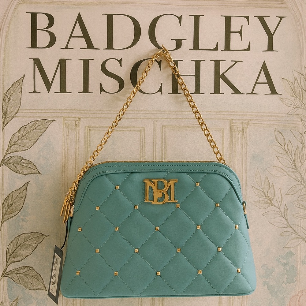BADGLEY MISCHKA Light Blue Quilted Dome Satchel with Gold Studs | NWT